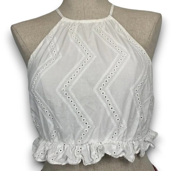 Forever 21, Eyelet Cotton Embroidered Ruffle Crop Halter Top-White, Sz S - Picture 2 of 10